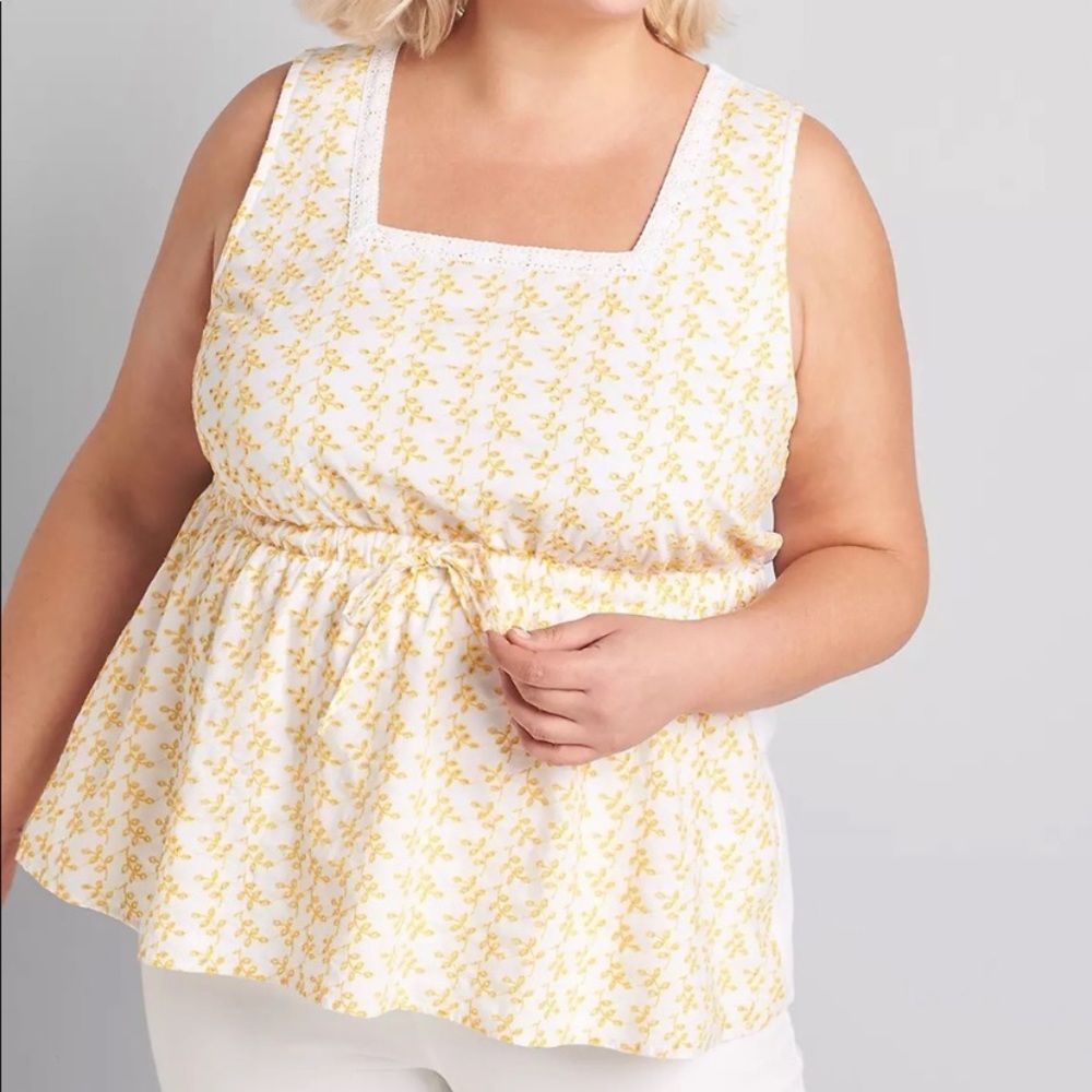 Lane Bryant Womens White Yellow Floral Eyelet Square Neck Tank Top 14/16 boho